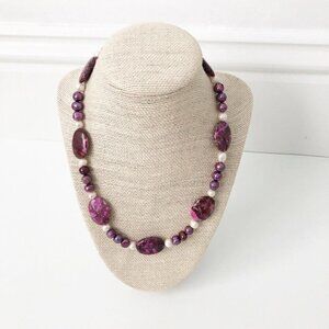 NWT Genuine Jasper & Pearls Necklace Beaded Purple White